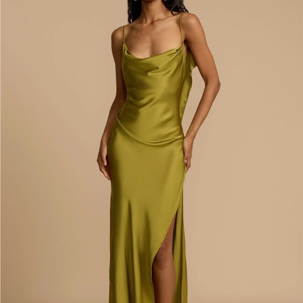 Elegant Olive Green Satin Dress with High Slit (Maxi Dress)